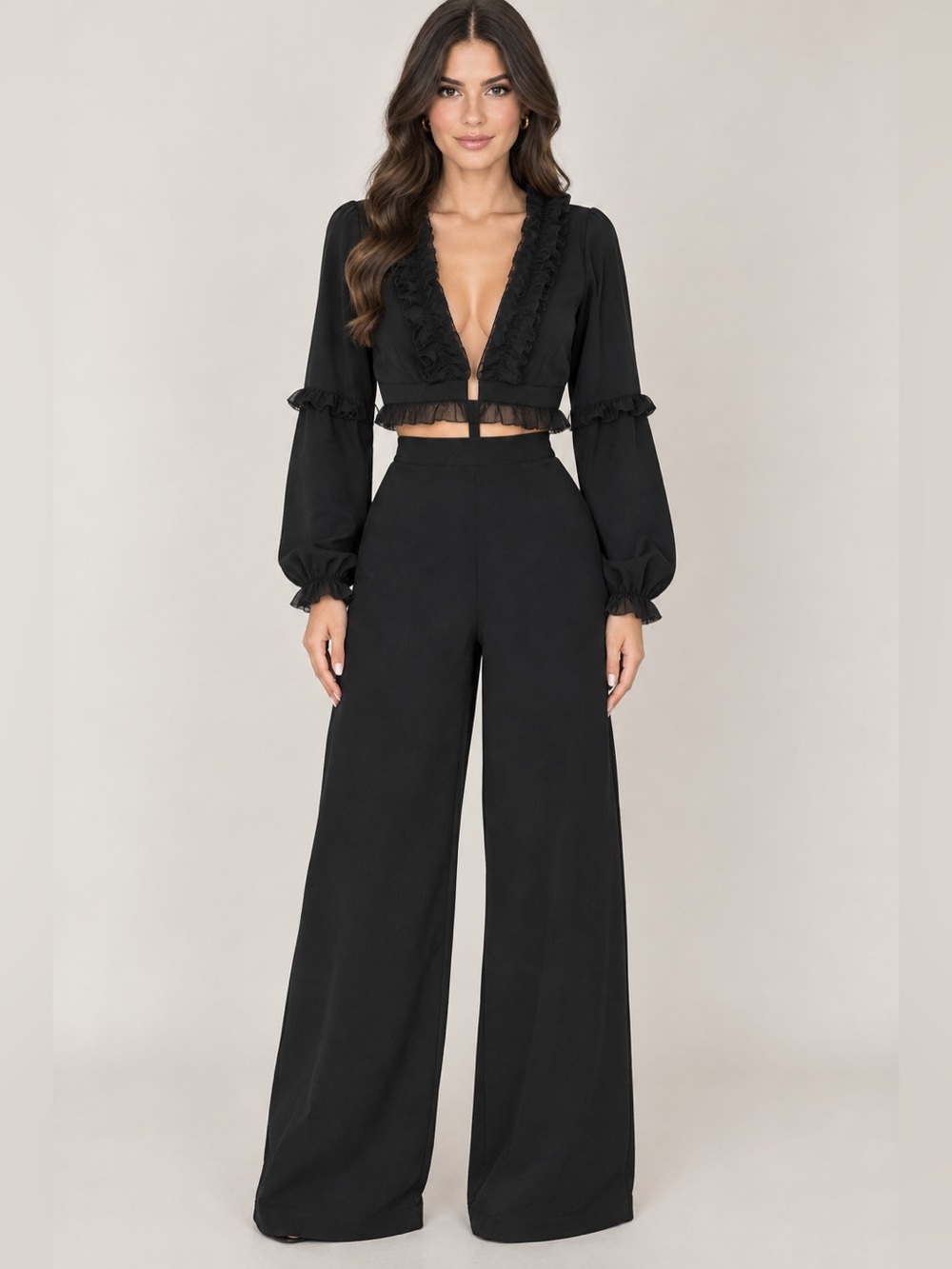 Fashion Nova Black Ruffle-Trim Wide Leg Jumpsuit